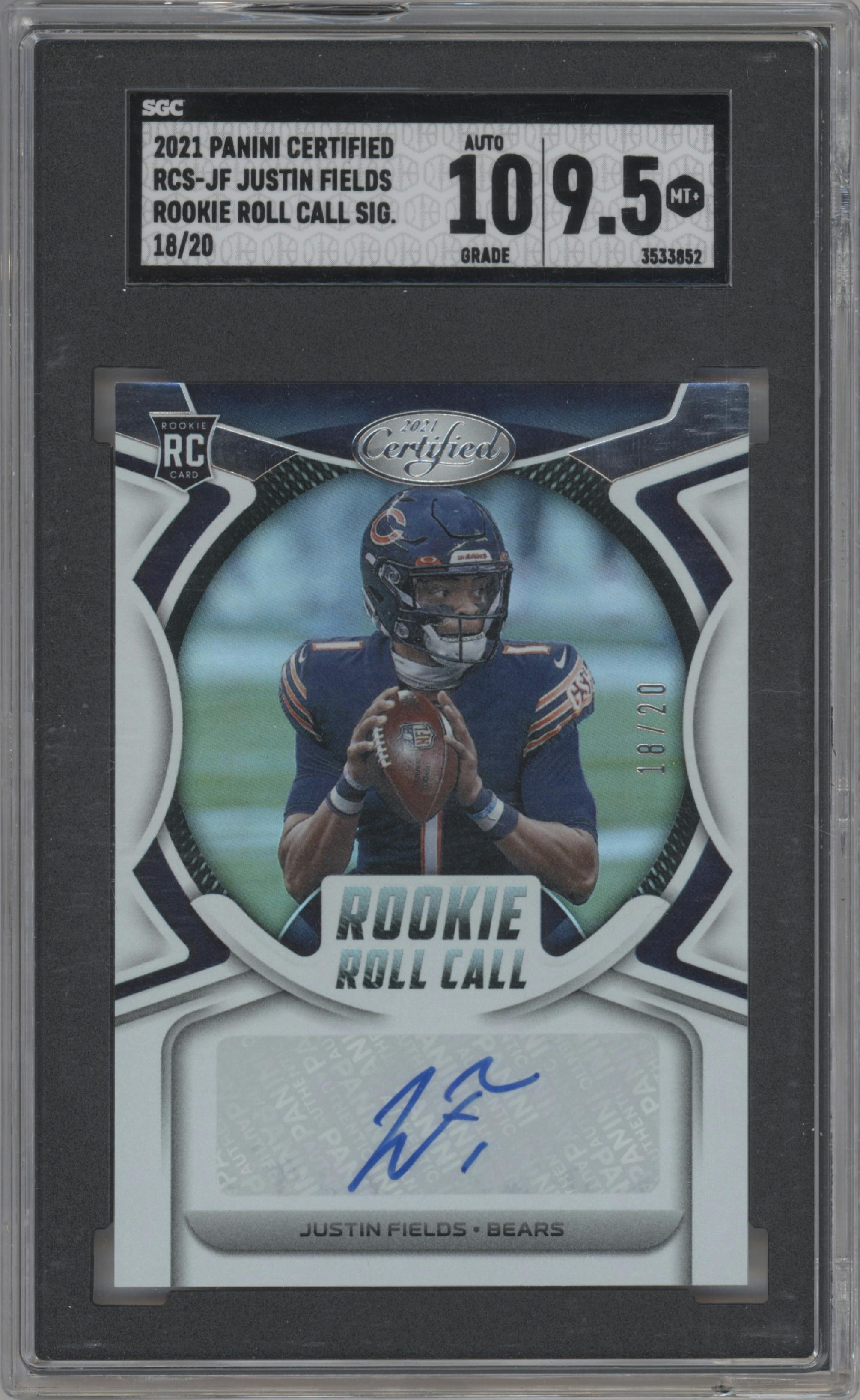 Justin Fields from the 2021 Panini Certified set graded by SGC and given an overall grade of 9.5.