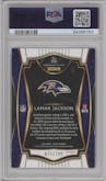 Lamar Jackson from the 2020 Panini Select set featuring a Tri-Color parallel graded by PSA and given an overall grade of 9.