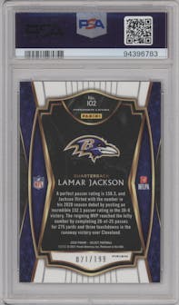 Lamar Jackson from the 2020 Panini Select set featuring a Tri-Color parallel graded by PSA and given an overall grade of 9.