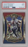 Lamar Jackson from the 2020 Panini Select set featuring a Tri-Color parallel graded by PSA and given an overall grade of 9.