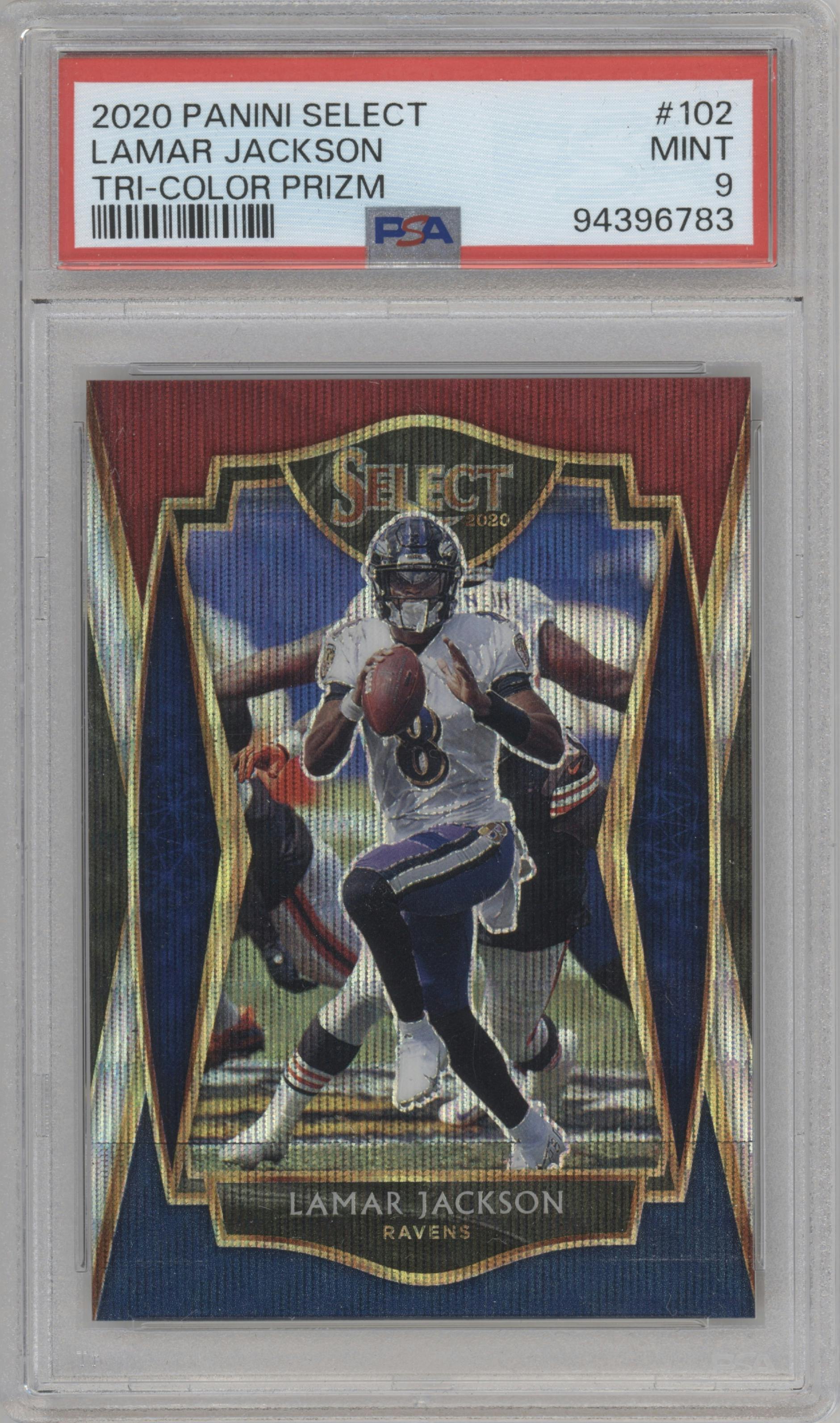 Lamar Jackson from the 2020 Panini Select set featuring a Tri-Color parallel graded by PSA and given an overall grade of 9.
