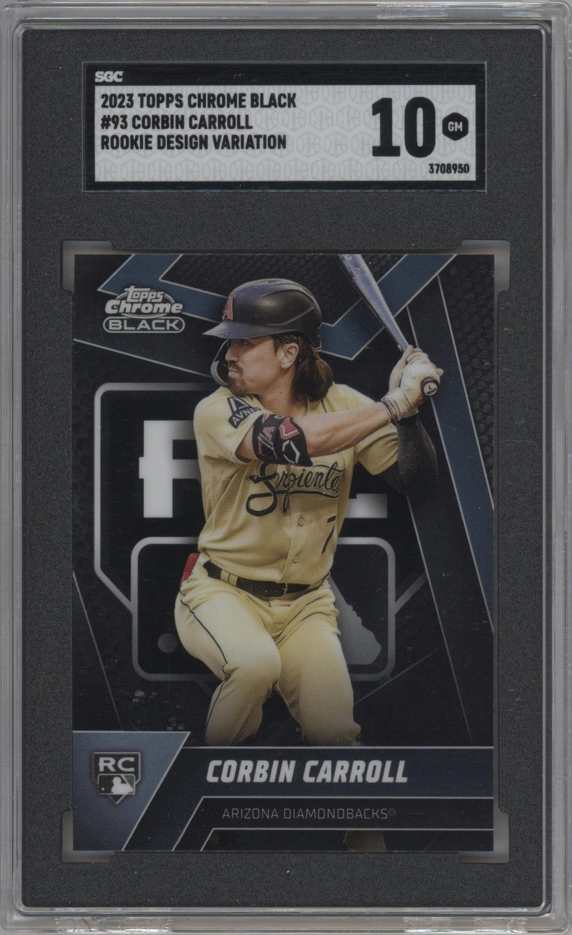 Corbin Carroll from the 2023 Topps Chrome Black set graded by SGC and given an overall grade of 10.