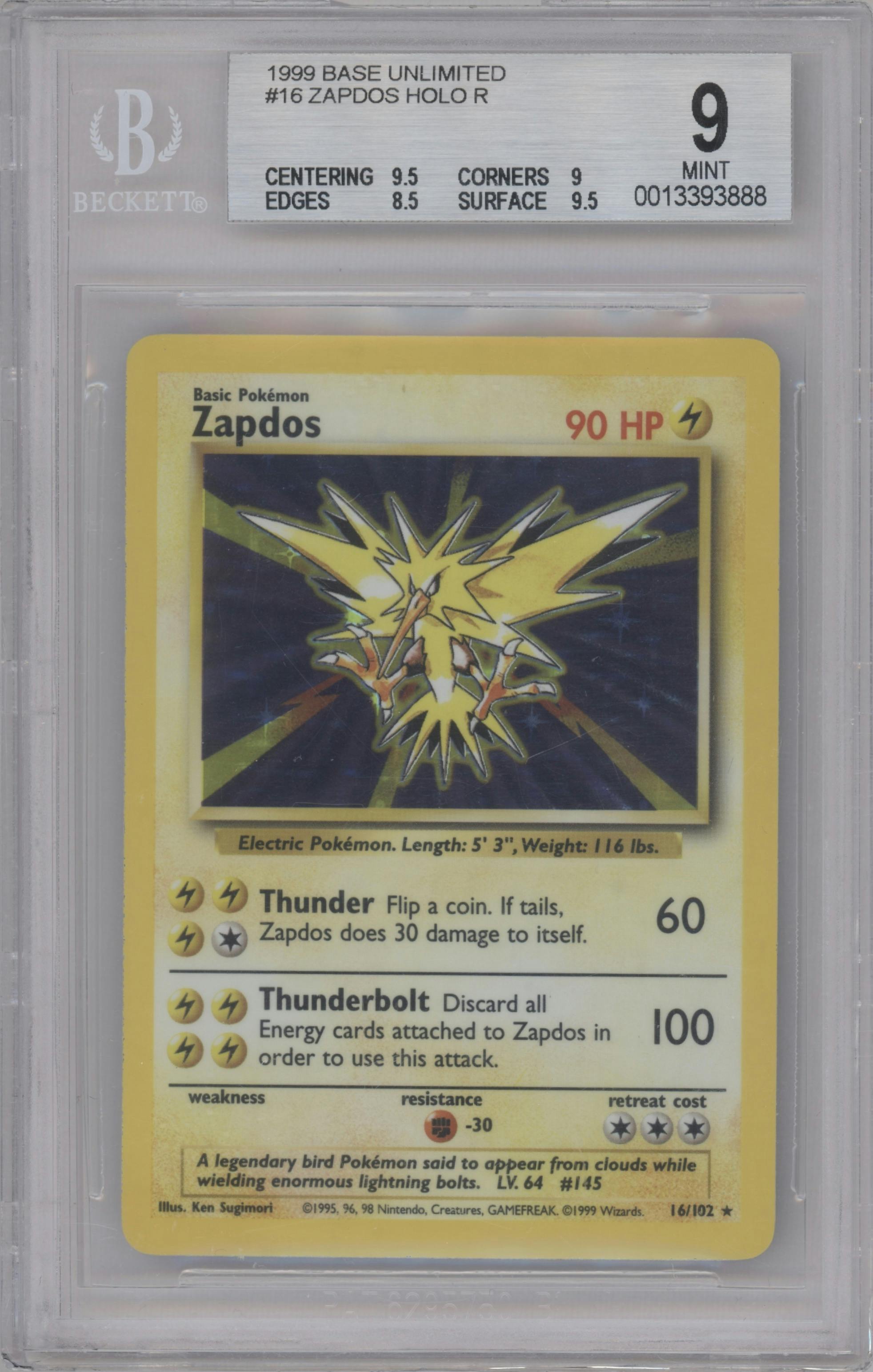 Zapdos from the 1999 Pokemon set graded by Beckett and given an overall grade of 9.