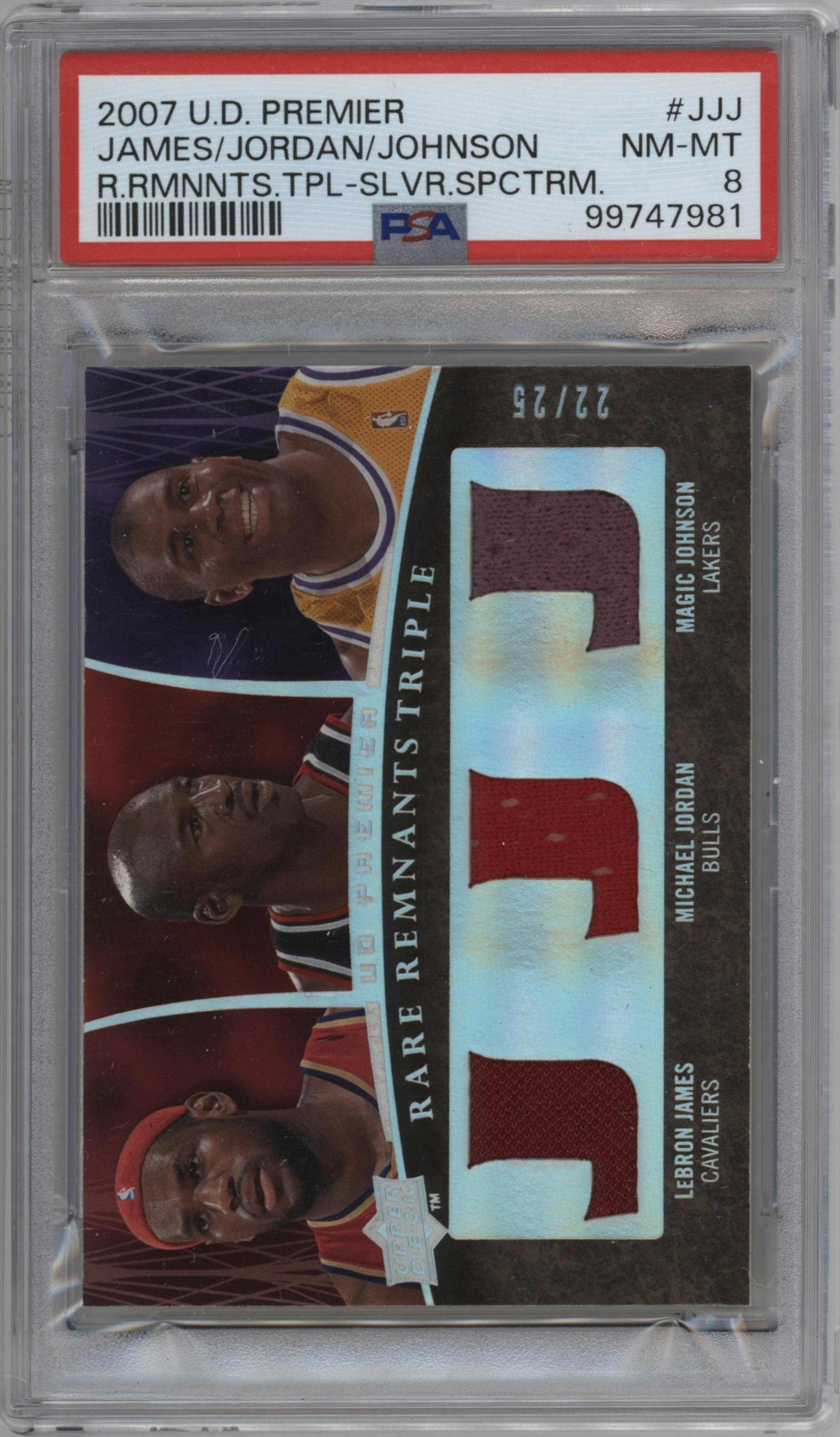 LeBron James/Michael Jordan/Magic Johnson from the 2007-08 Upper Deck Premier set featuring a Silver Spectrum parallel graded by PSA and given an overall grade of 8.