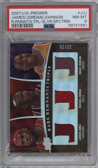 LeBron James/Michael Jordan/Magic Johnson from the 2007-08 Upper Deck Premier set featuring a Silver Spectrum parallel graded by PSA and given an overall grade of 8.