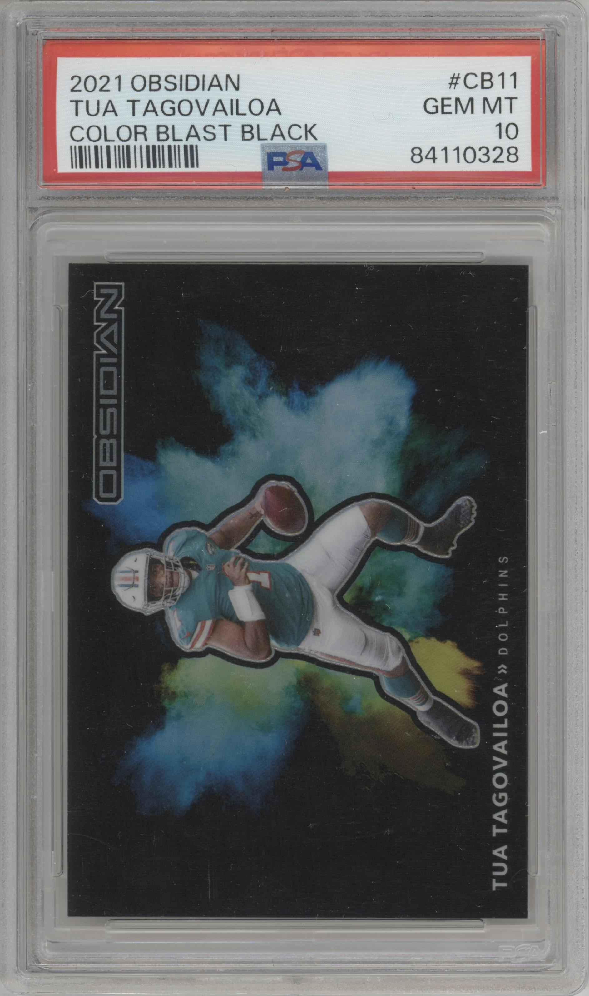 Tua Tagovailoa from the 2021 Panini Obsidian set graded by PSA and given an overall grade of 10.