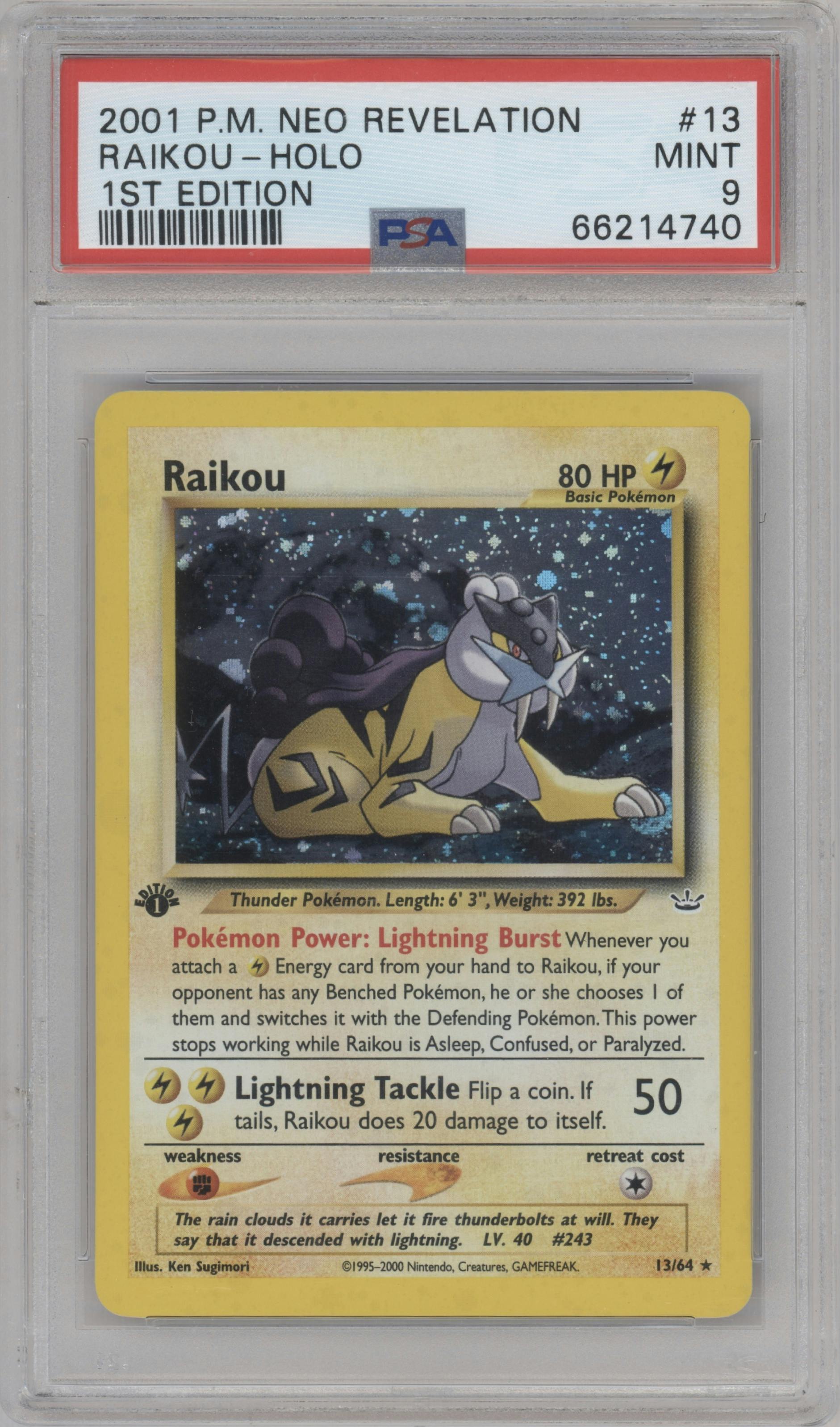 Raikou from the 2001 Pokemon Neo Genesis set graded by PSA and given an overall grade of 9.