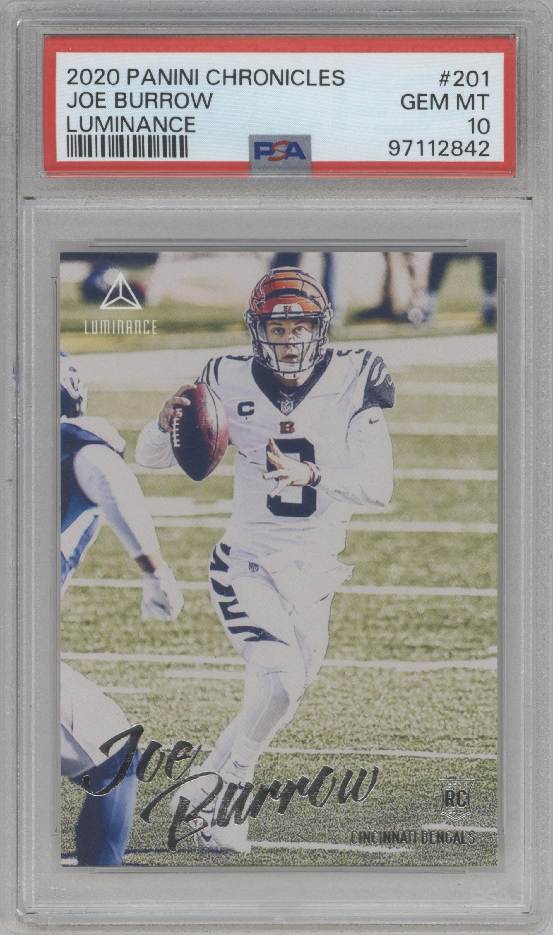 Joe Burrow from the 2020 Panini Chronicles set graded by PSA and given an overall grade of 10.