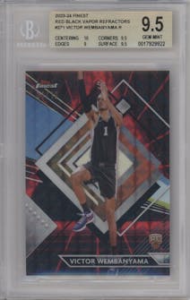 Victor Wembanyama from the 2023-24 Finest set featuring a Red/Black Vapor parallel graded by Beckett and given an overall grade of 9.5.