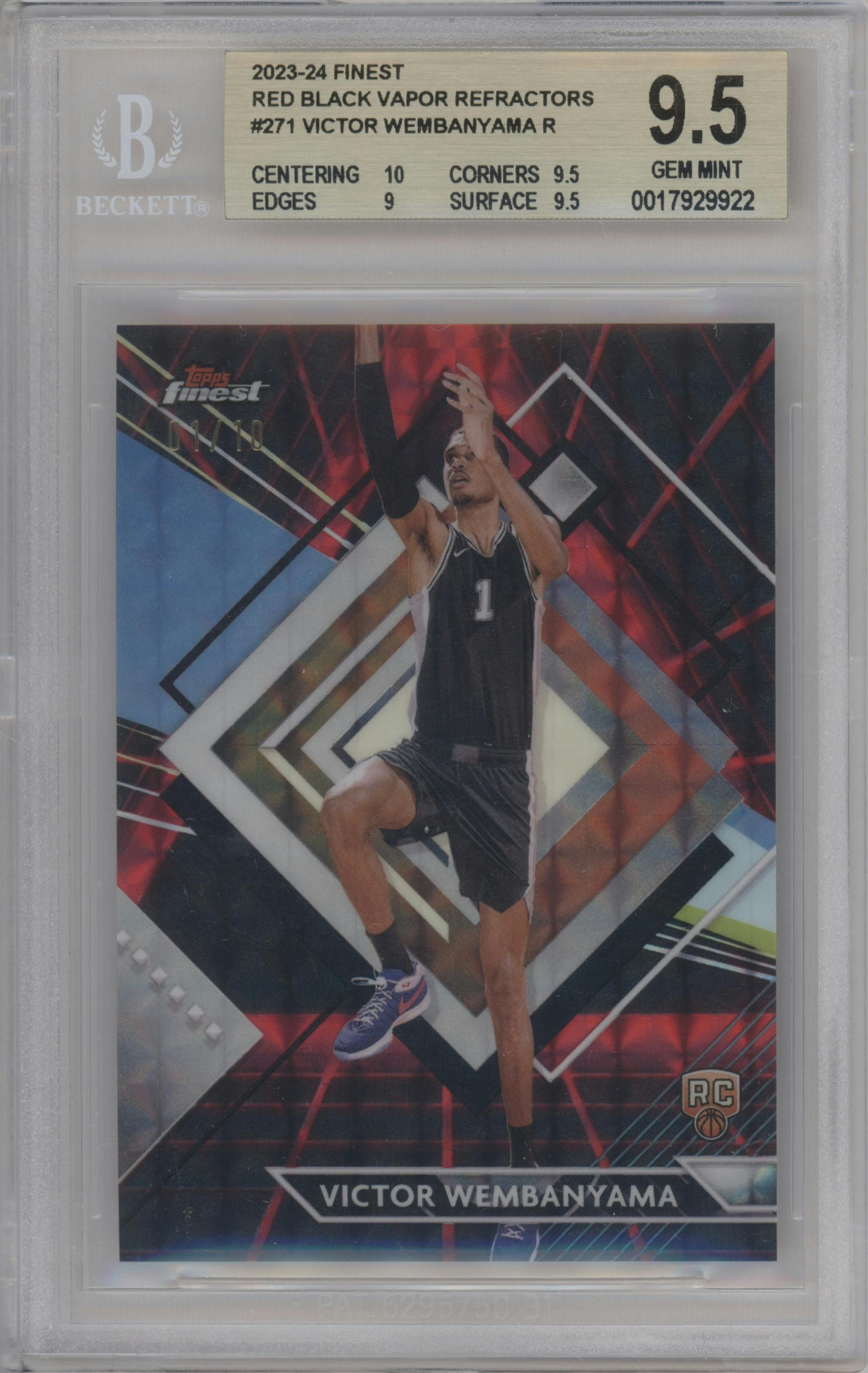 Victor Wembanyama from the 2023-24 Finest set featuring a Red/Black Vapor parallel graded by Beckett and given an overall grade of 9.5.