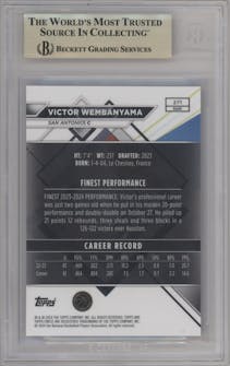 Victor Wembanyama from the 2023-24 Finest set featuring a Red/Black Vapor parallel graded by Beckett and given an overall grade of 9.5.