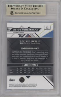 Victor Wembanyama from the 2023-24 Finest set featuring a Red/Black Vapor parallel graded by Beckett and given an overall grade of 9.5.