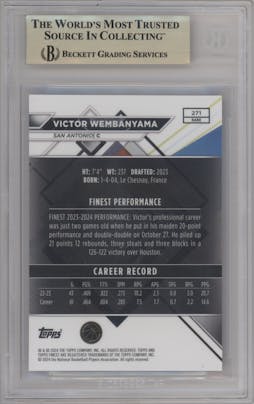 Victor Wembanyama from the 2023-24 Finest set featuring a Red/Black Vapor parallel graded by Beckett and given an overall grade of 9.5.