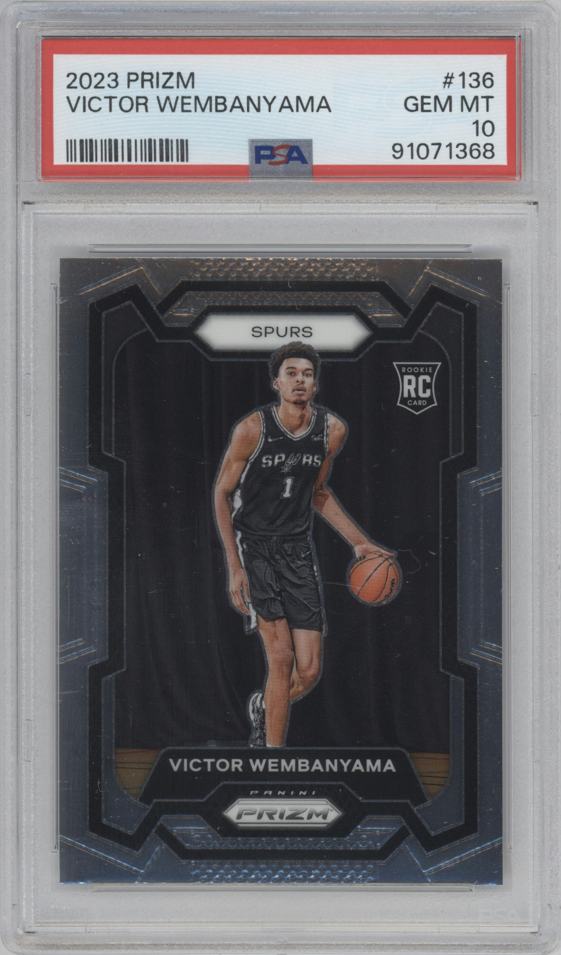 Victor Wembanyama from the 2023-24 Panini Prizm set graded by PSA and given an overall grade of 10.