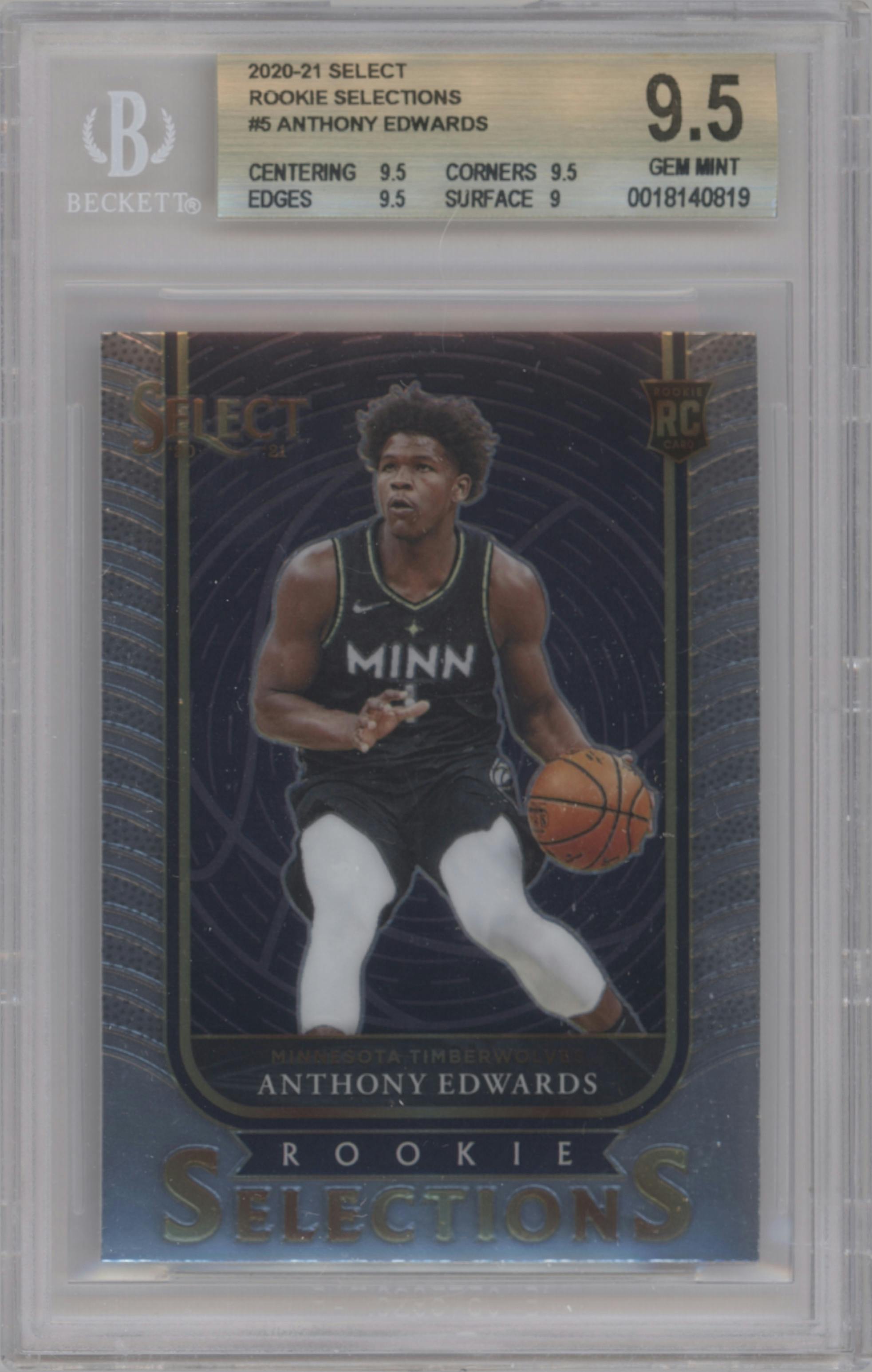 Anthony Edwards from the 2020-21 Panini Select  set graded by Beckett and given an overall grade of 9.5.
