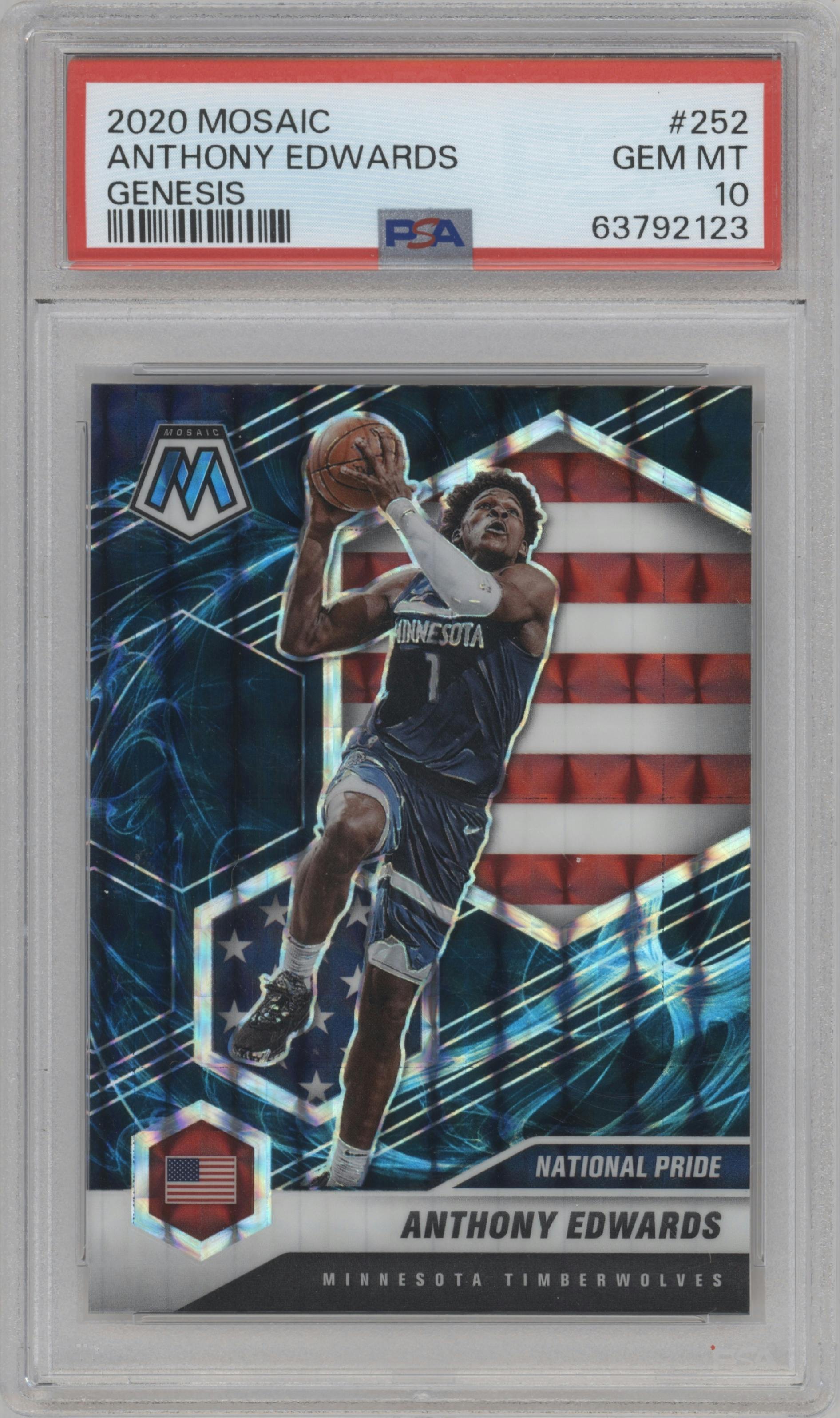 Anthony Edwards from the 2020-21 Panini Mosaic set featuring a Genesis  parallel graded by PSA and given an overall grade of 10.