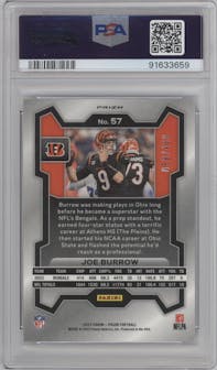 Joe Burrow from the 2023 Panini Prizm set featuring a Pandora parallel graded by PSA and given an overall grade of 10.