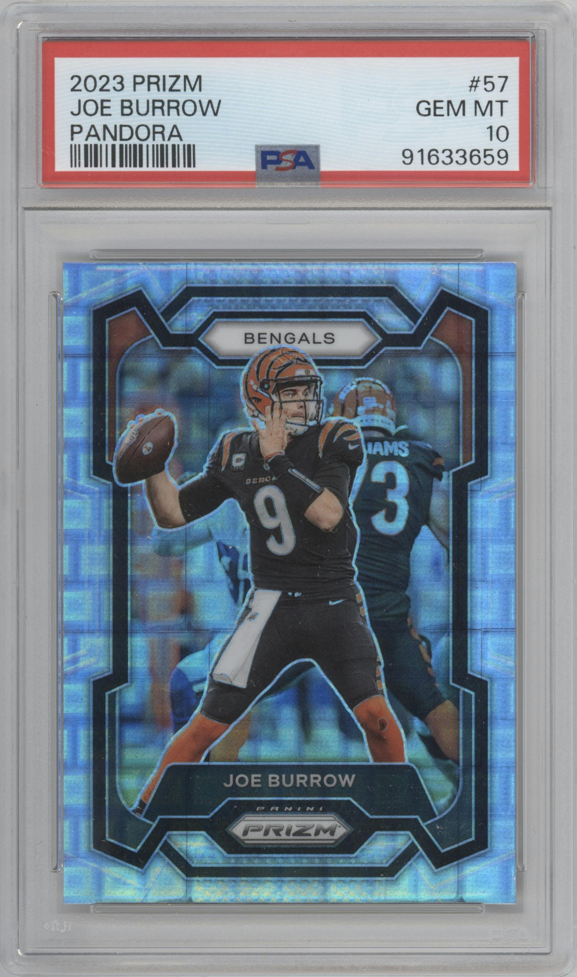 Joe Burrow from the 2023 Panini Prizm set featuring a Pandora parallel graded by PSA and given an overall grade of 10.