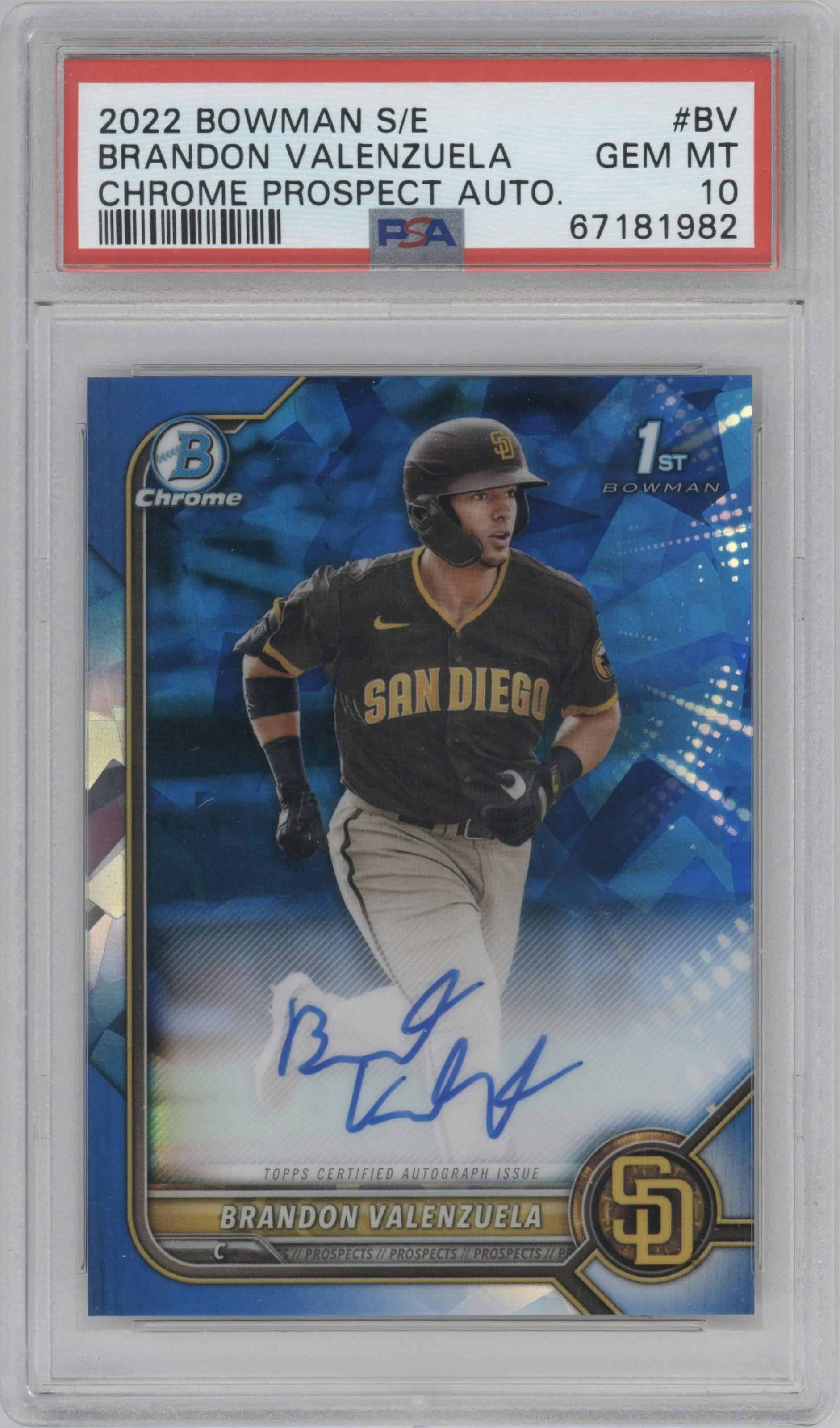 Brandon Valenzuela from the 2022 Bowman Sapphire Edition set graded by PSA and given an overall grade of 10.