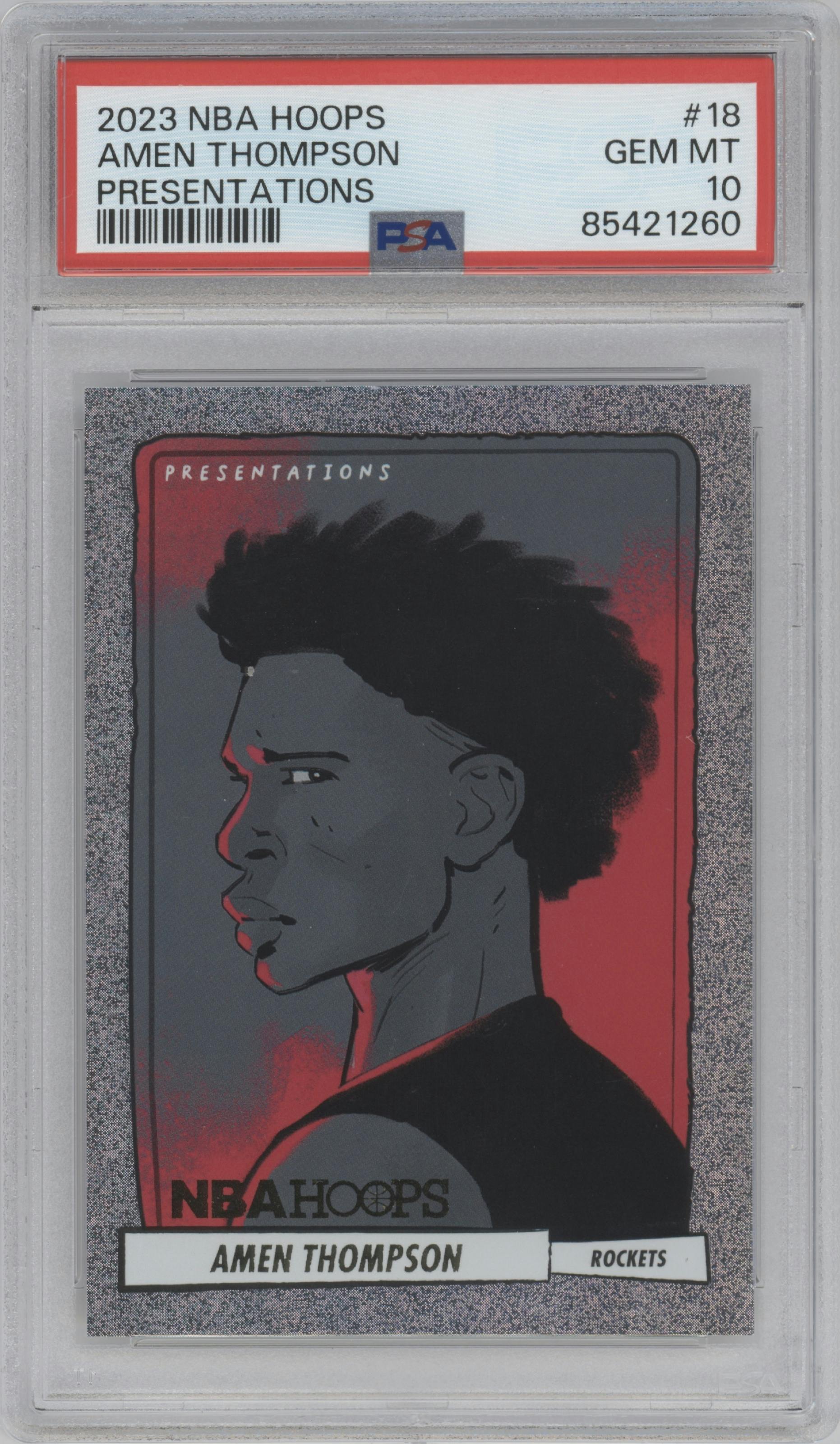 Amen Thompson from the 2023-24 Panini NBA Hoops set graded by PSA and given an overall grade of 10.