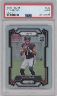 C.J. Stroud from the 2023 Panini Prizm set featuring a Silver Prizm parallel graded by PSA and given an overall grade of 9.
