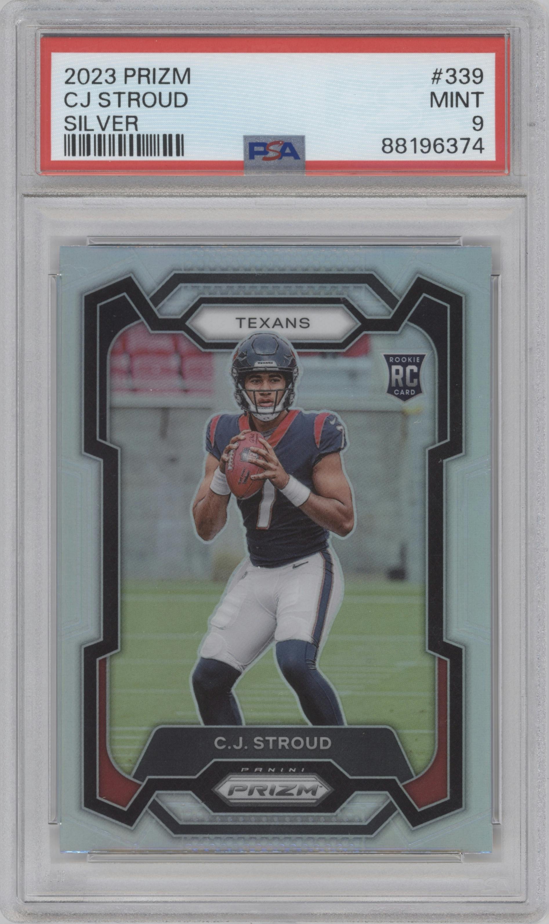 C.J. Stroud from the 2023 Panini Prizm set featuring a Silver Prizm parallel graded by PSA and given an overall grade of 9.