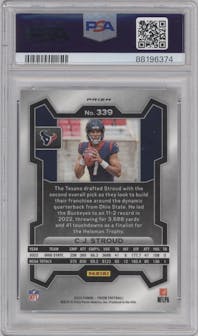 C.J. Stroud from the 2023 Panini Prizm set featuring a Silver Prizm parallel graded by PSA and given an overall grade of 9.