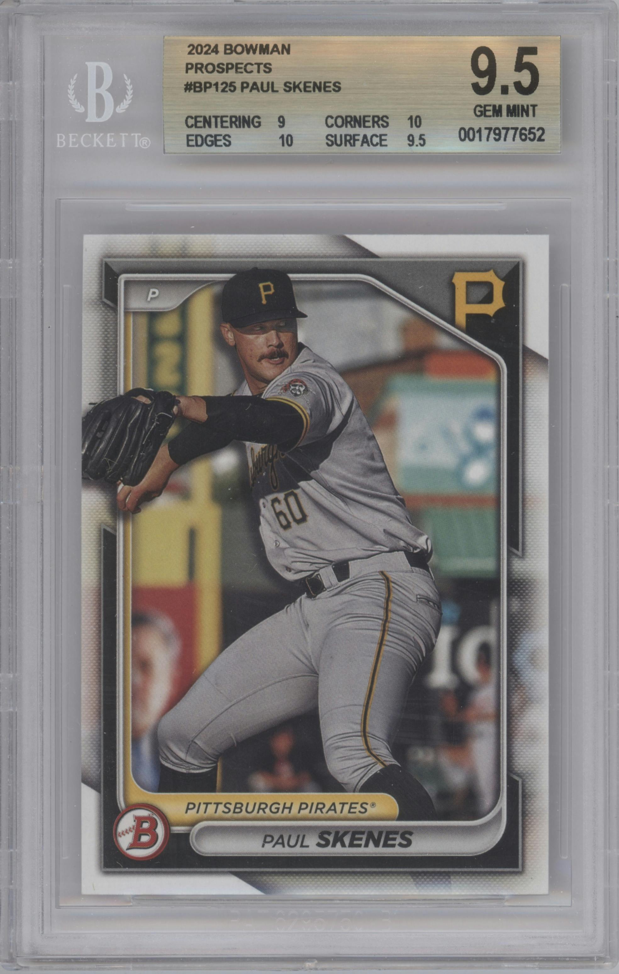 Paul Skenes from the 2024 Bowman set graded by Beckett and given an overall grade of 9.5.