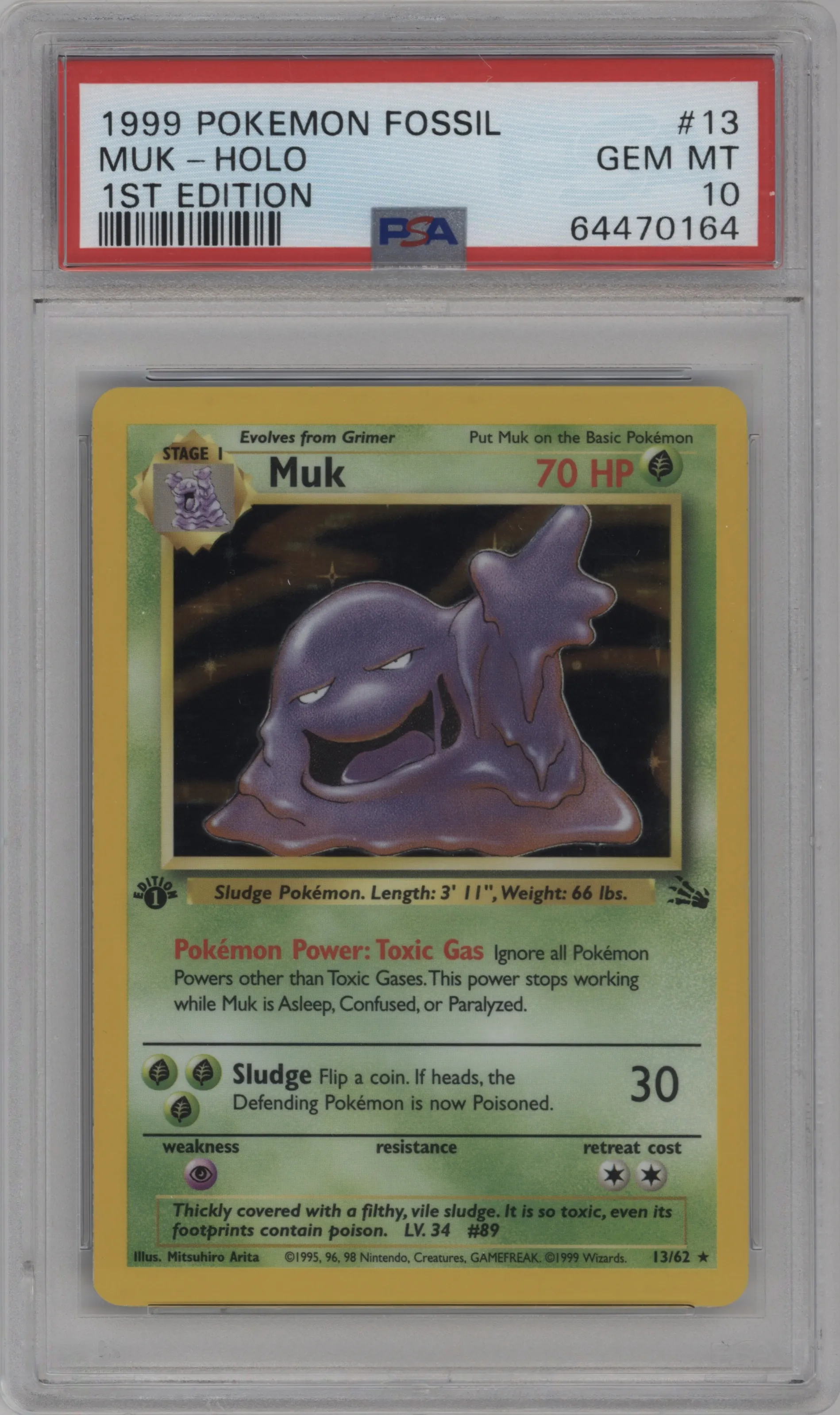 Muk from the 1999 Pokemon set graded by PSA and given an overall grade of 10.