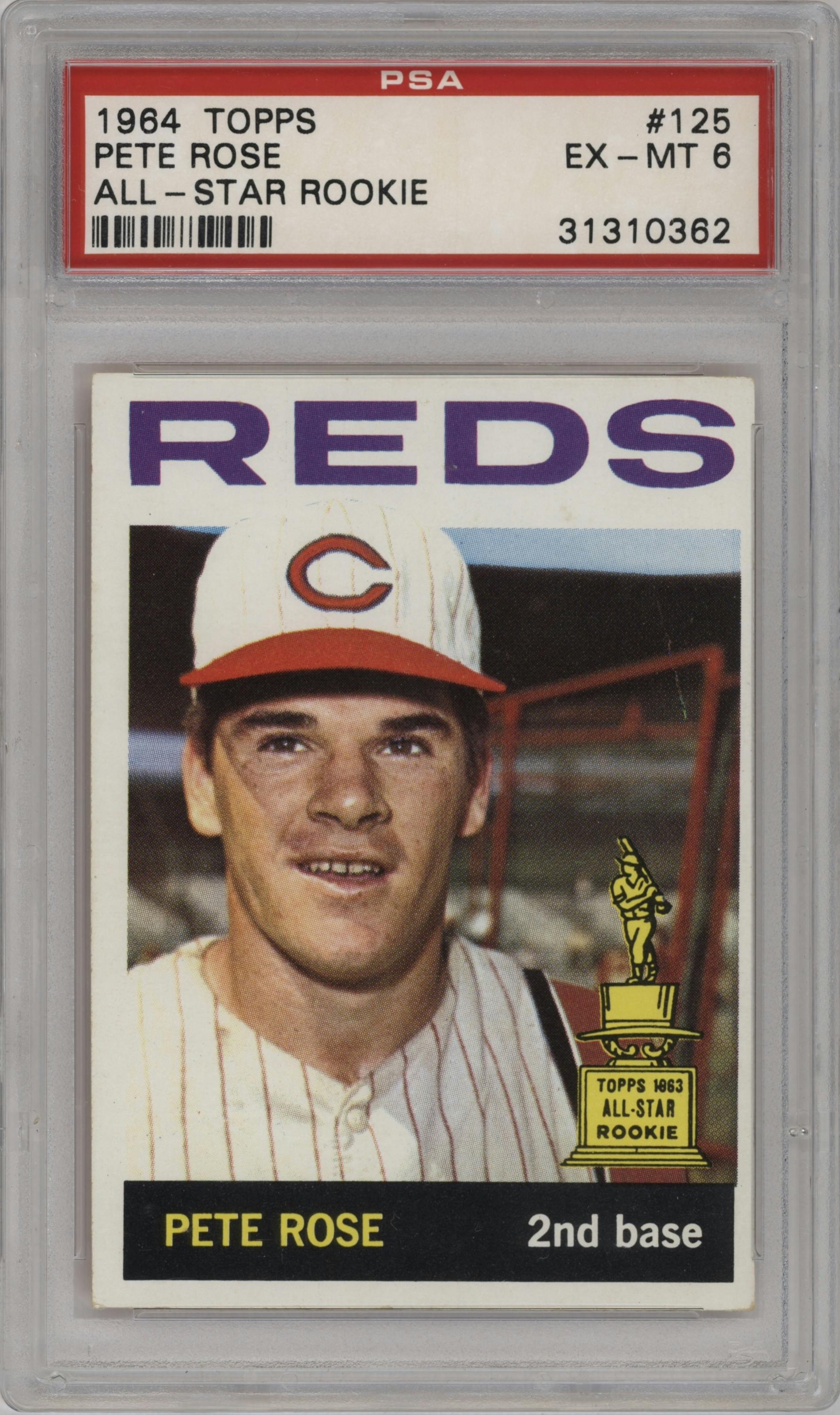 Pete Rose from the 1964 Topps set graded by PSA and given an overall grade of 6.