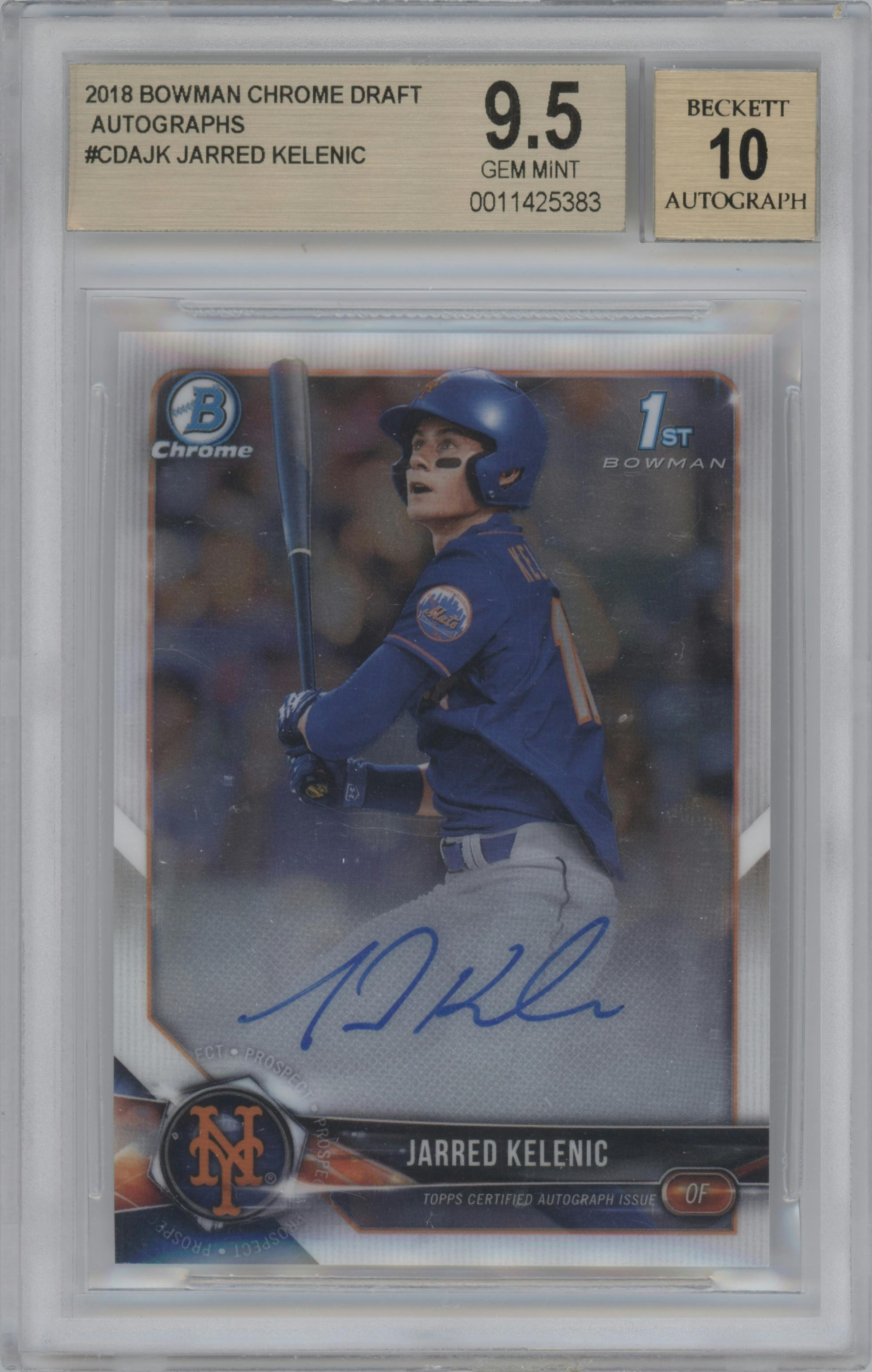 Jarred Kelenic from the 2018 Bowman Draft set graded by Beckett and given an overall grade of 9.5.