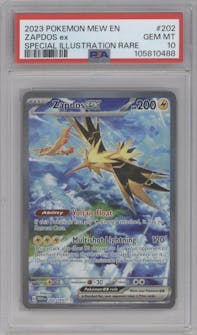 Zapdos ex from the 2023 Pokemon SV set graded by PSA and given an overall grade of 10.