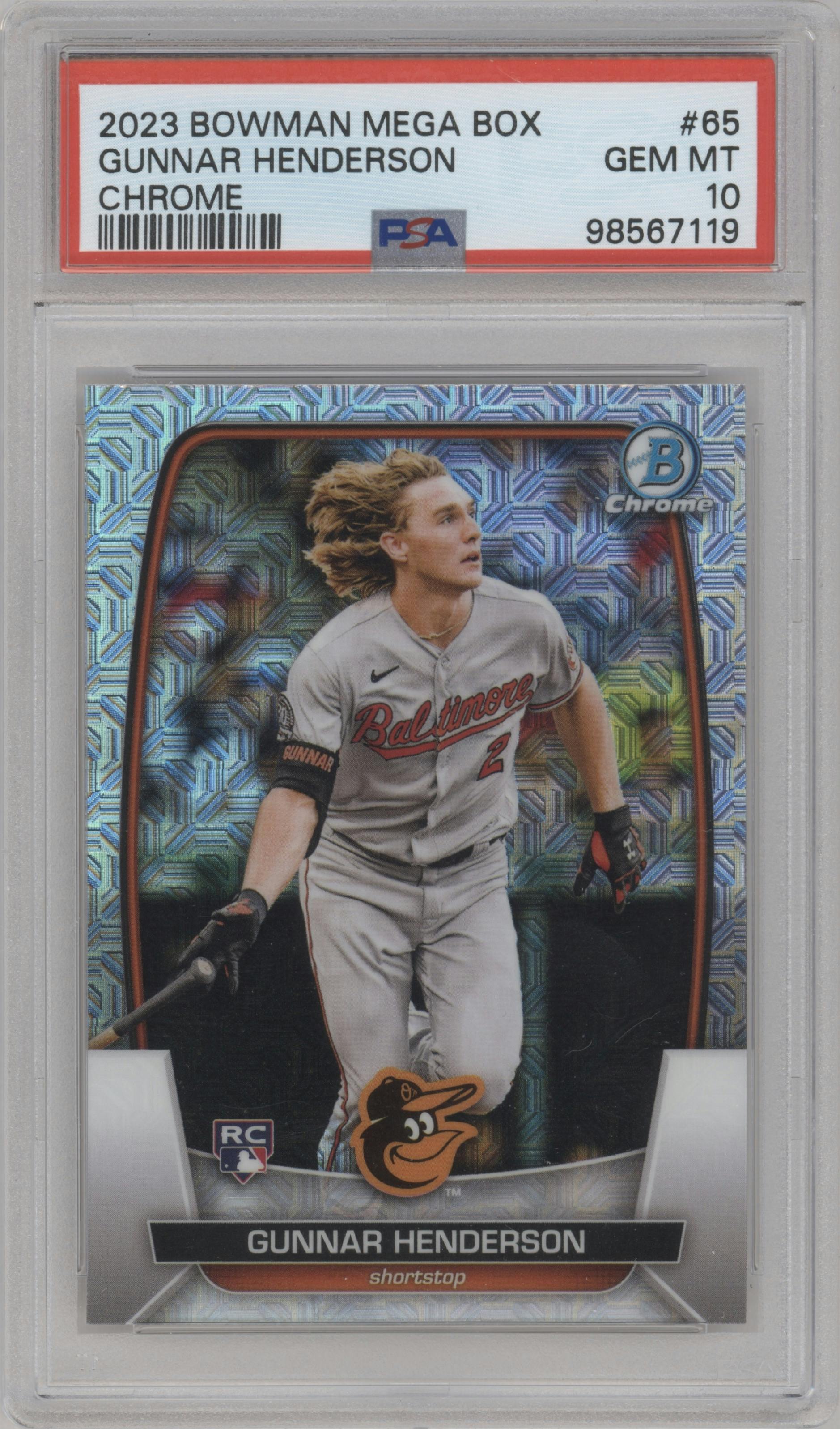 Gunnar Henderson from the 2023 Bowman Mega Box set graded by PSA and given an overall grade of 10.
