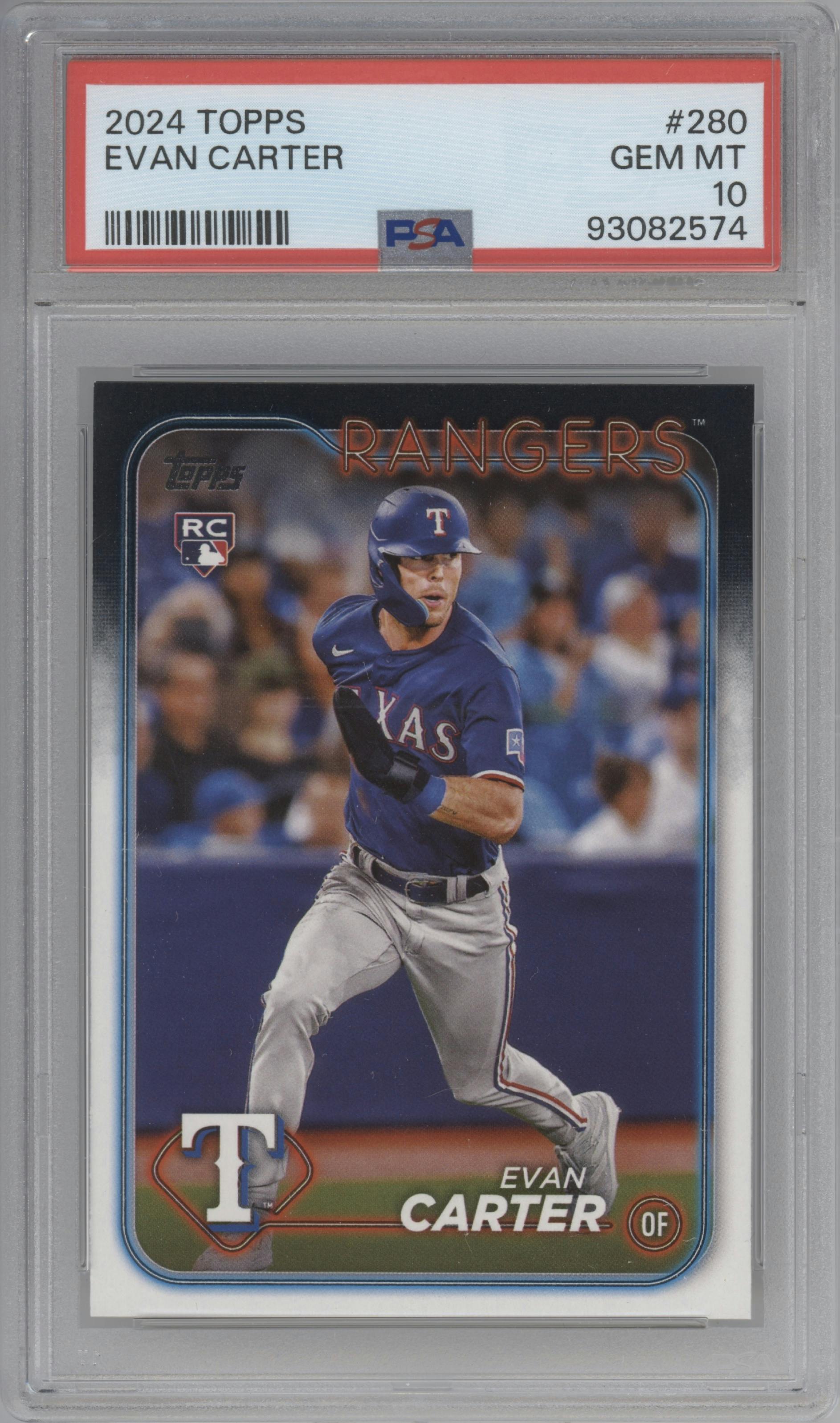 Evan Carter from the 2024 Topps  set graded by PSA and given an overall grade of 10.