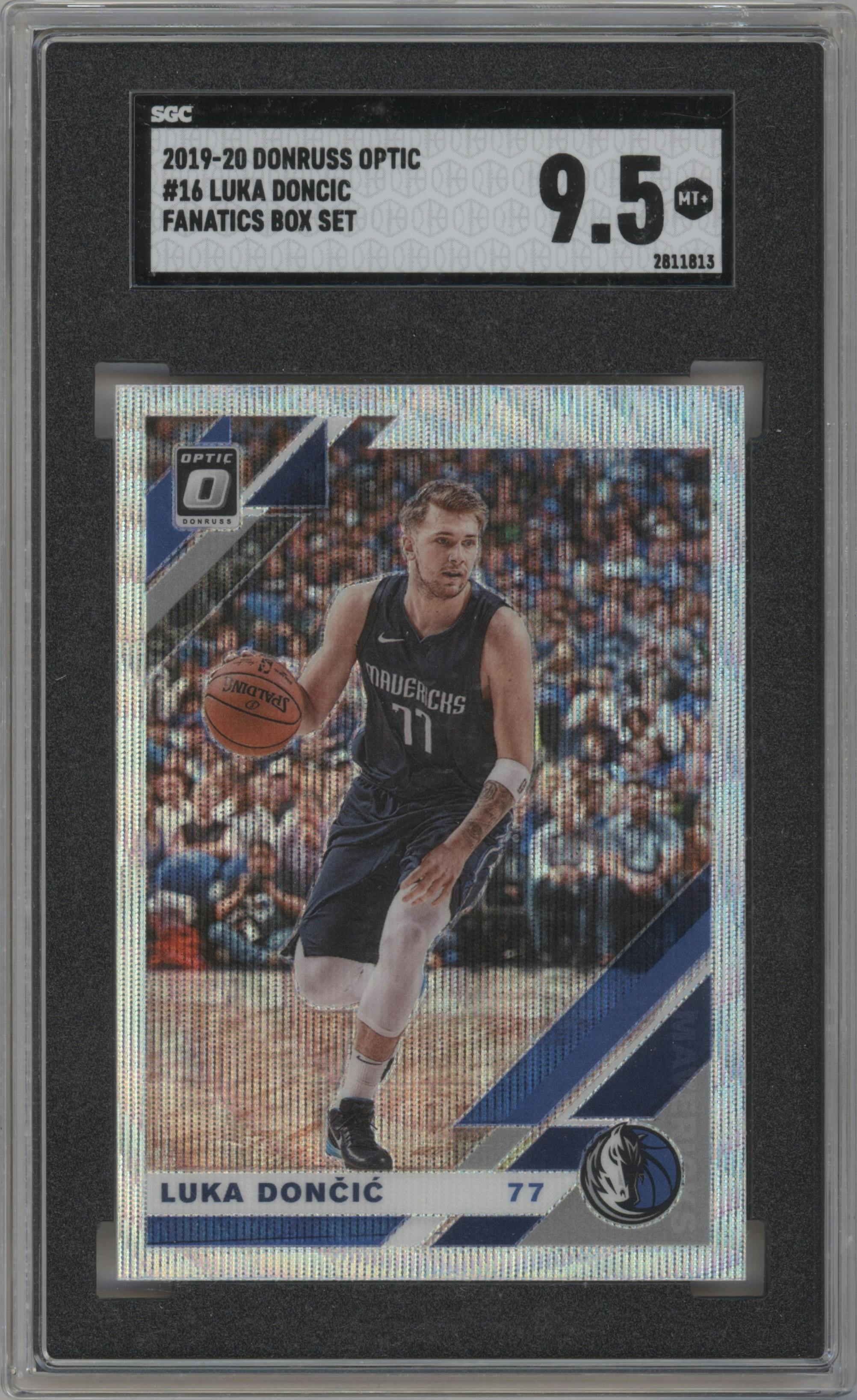 Luka Doncic from the 2019-20 Panini Donruss Optic set featuring a Fanatics Box Set parallel graded by SGC and given an overall grade of 9.5.