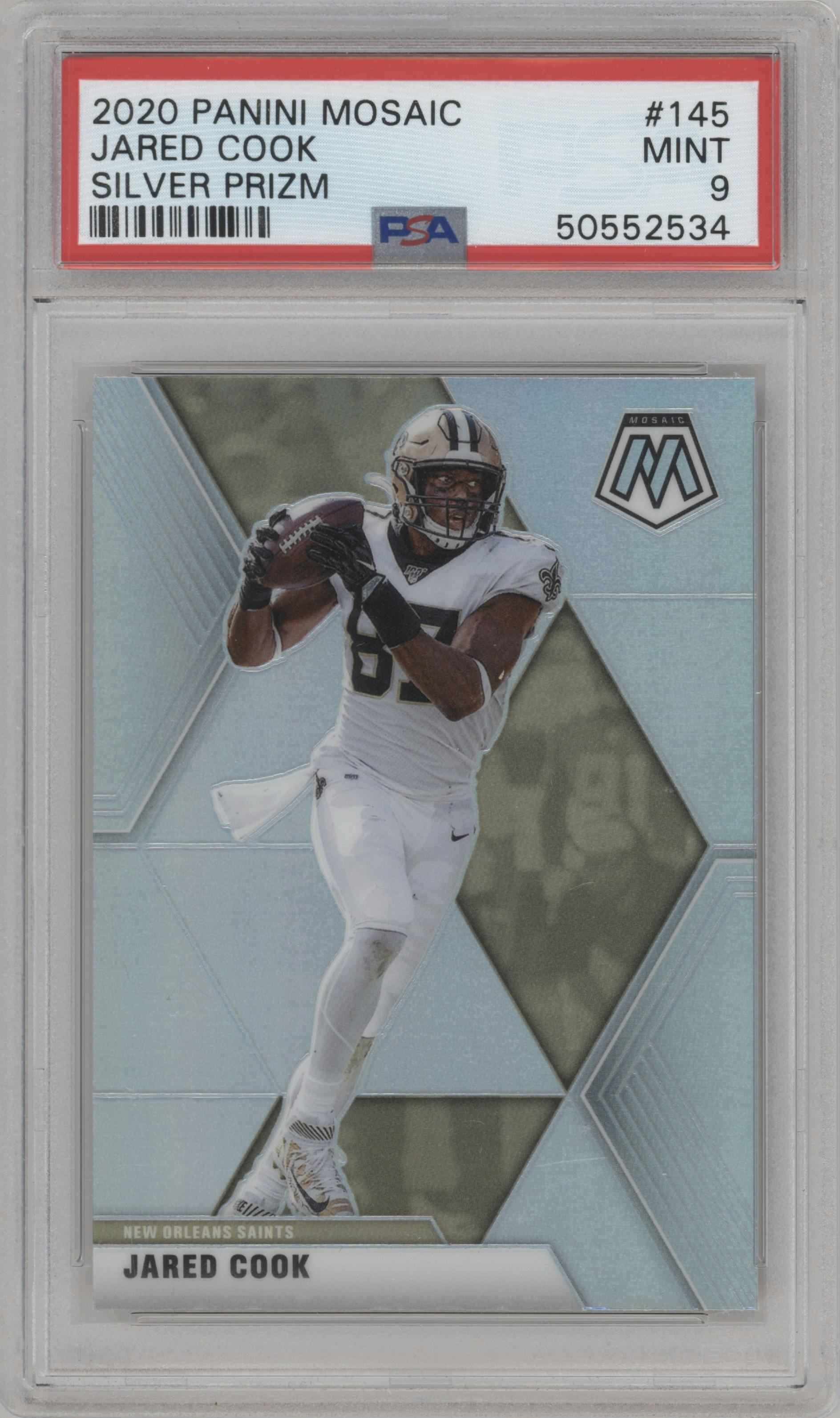 Jared Cook from the 2020 Panini Mosaic set featuring a Silver parallel graded by PSA and given an overall grade of 9.