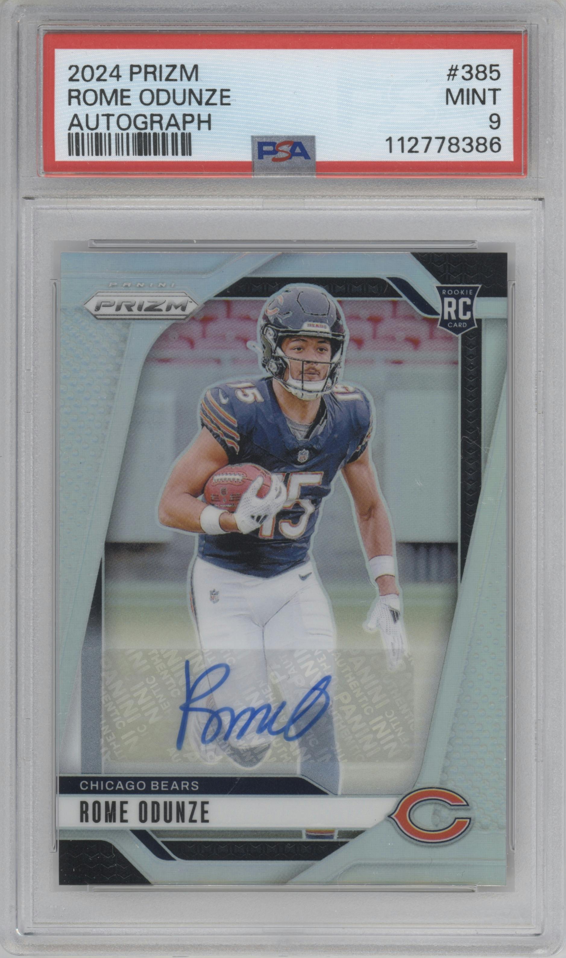 Rome Odunze from the 2024 Panini Prizm set graded by PSA and given an overall grade of 9.