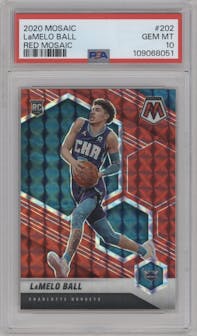 LaMelo Ball from the 2020-21 Panini Mosaic set featuring a Red Mosaic parallel graded by PSA and given an overall grade of 10.