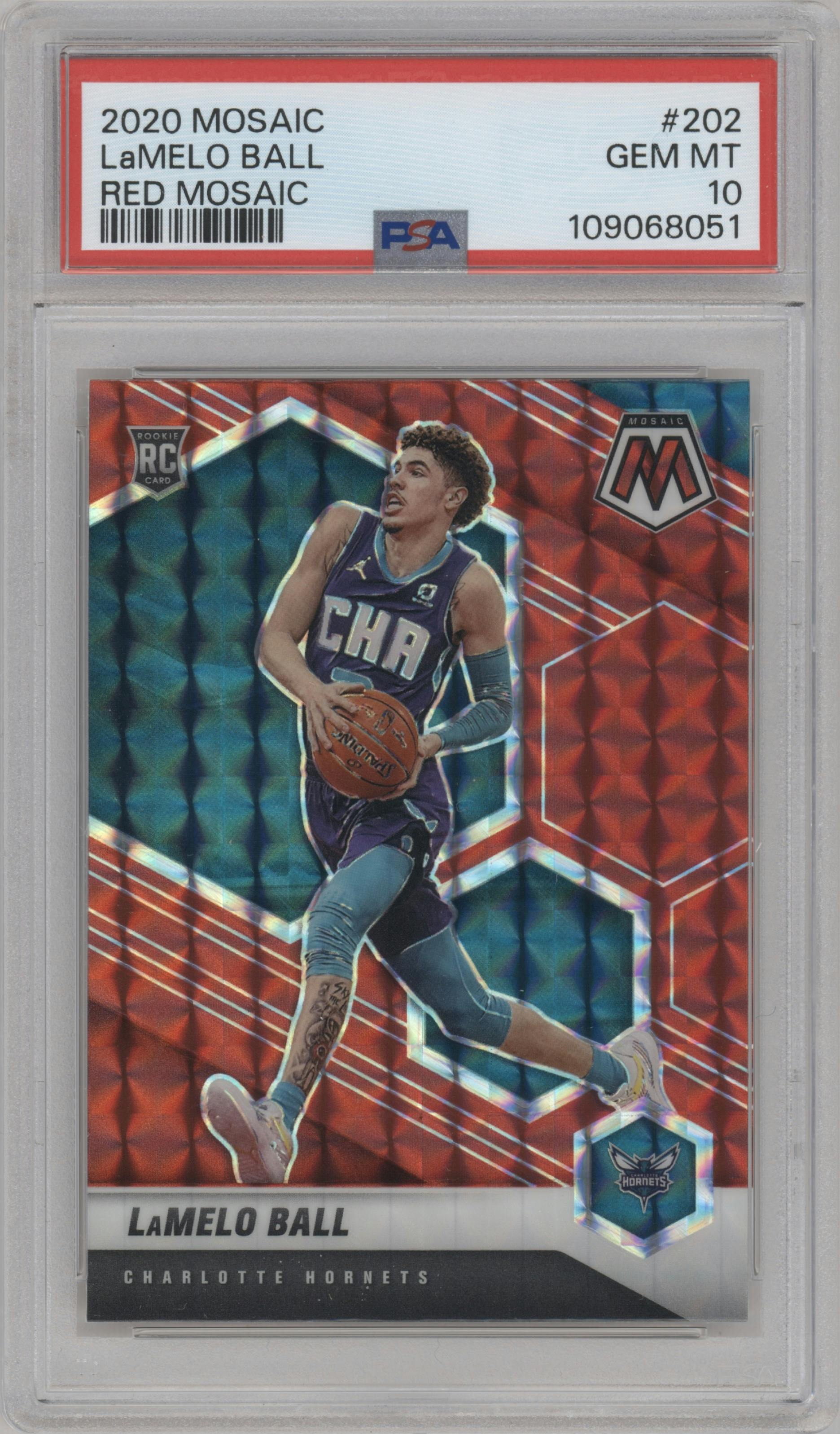 LaMelo Ball from the 2020-21 Panini Mosaic set featuring a Red Mosaic parallel graded by PSA and given an overall grade of 10.