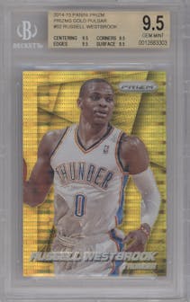 Russell Westbrook from the 2014-15 Panini Prizm set featuring a Gold Pulsar parallel graded by Beckett and given an overall grade of 9.5.