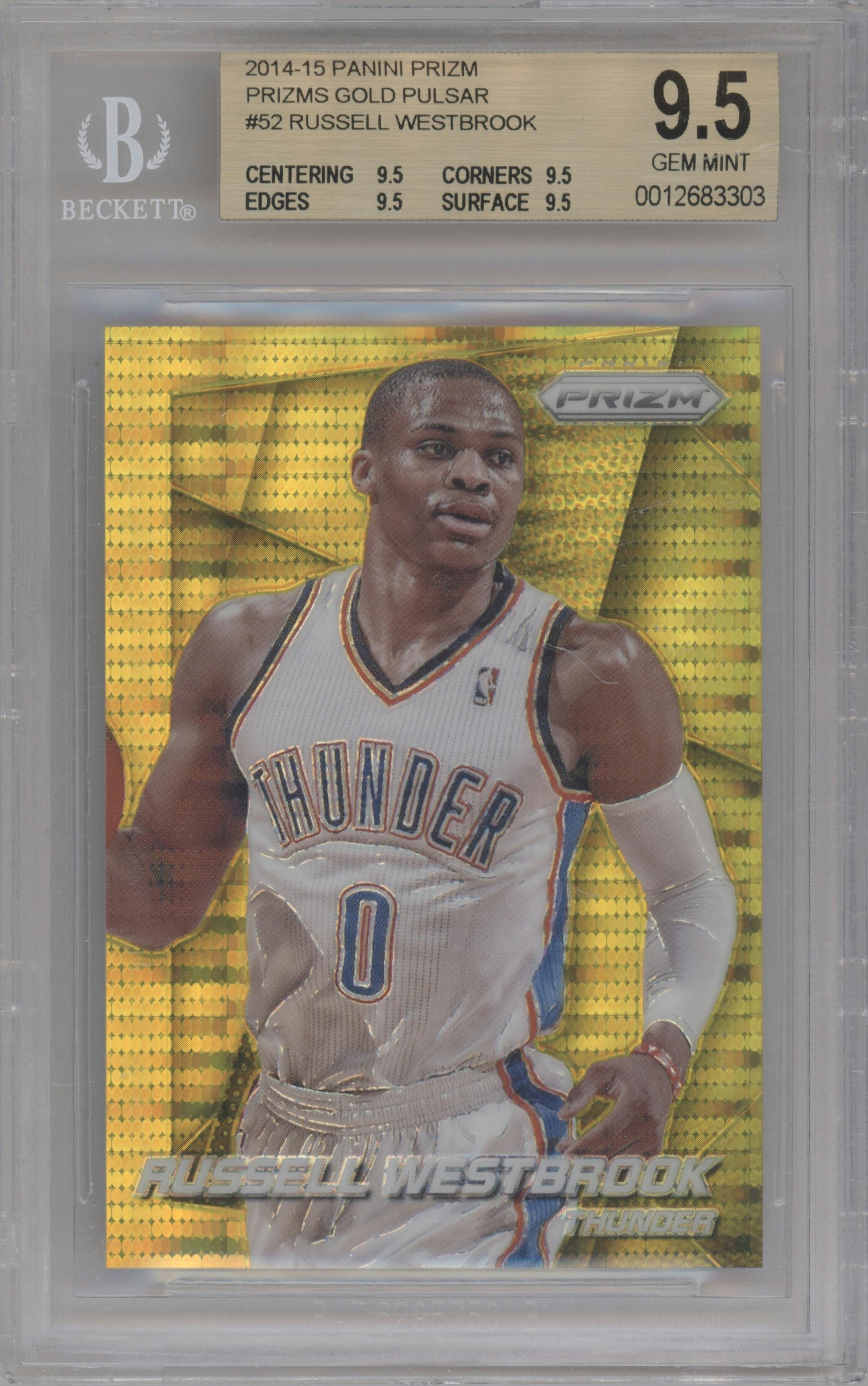 Russell Westbrook from the 2014-15 Panini Prizm set featuring a Gold Pulsar parallel graded by Beckett and given an overall grade of 9.5.