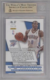 Russell Westbrook from the 2014-15 Panini Prizm set featuring a Gold Pulsar parallel graded by Beckett and given an overall grade of 9.5.