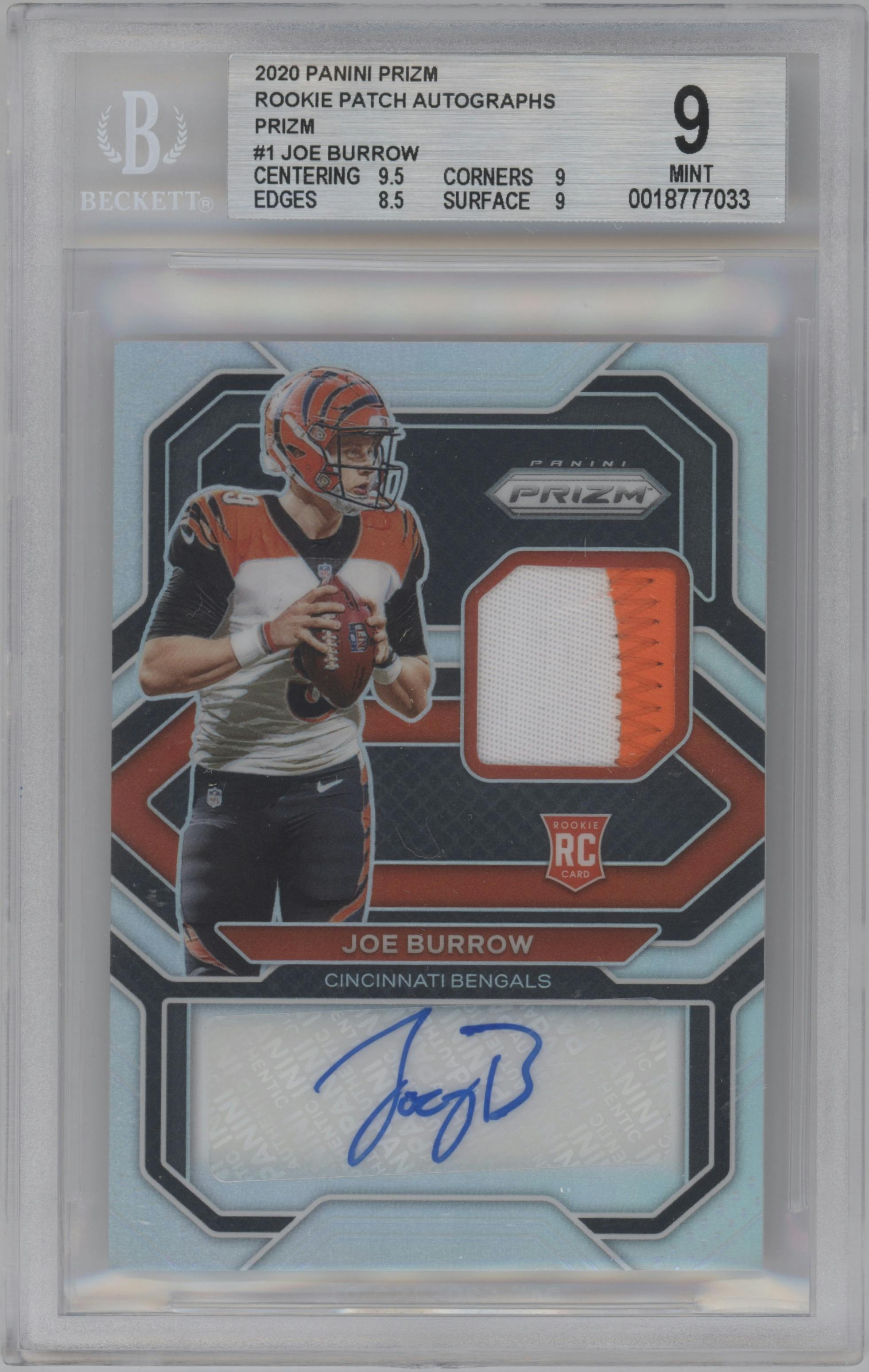 Joe Burrow from the 2020 Panini Prizm set graded by Beckett and given an overall grade of 9.