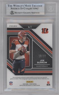 Joe Burrow from the 2020 Panini Prizm set graded by Beckett and given an overall grade of 9.