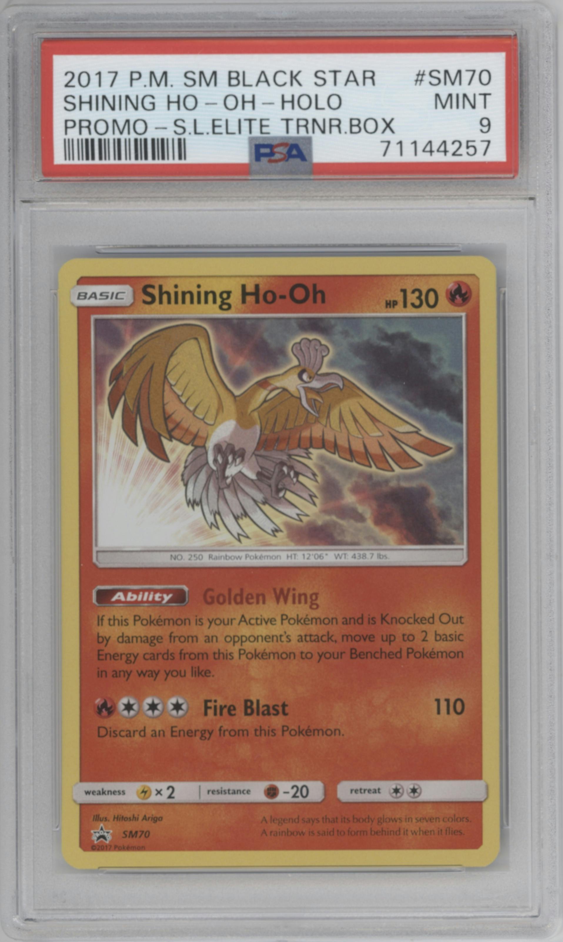 Shining Ho-Oh from the 2017 Pokemon S&M set featuring a Shining Legends Elite Trainer Box parallel graded by PSA and given an overall grade of 9.
