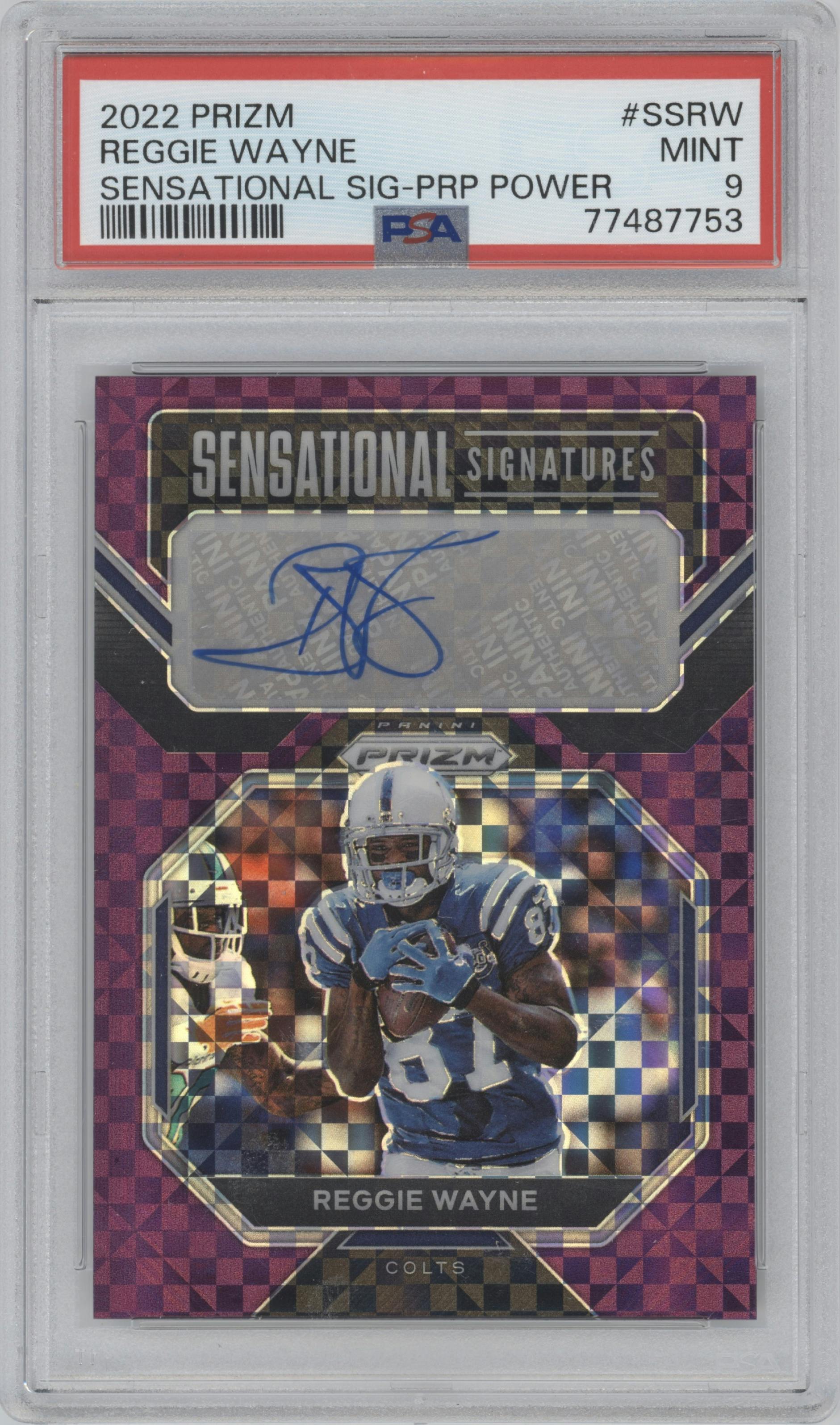 Reggie Wayne from the 2022 Panini Prizm set featuring a Purple Power parallel graded by PSA and given an overall grade of 9.