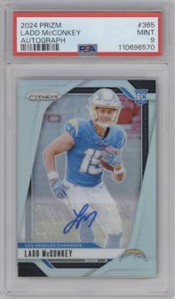 Ladd McConkey from the 2024 Panini Prizm set graded by PSA and given an overall grade of 9.