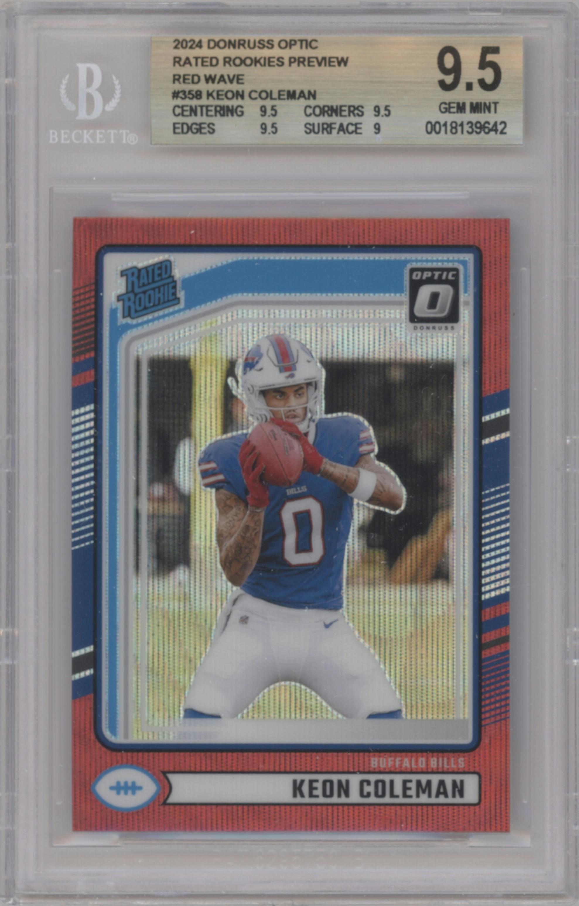 Keon Coleman  from the 2024 Donruss set featuring a Red Wave parallel graded by Beckett and given an overall grade of 9.5.