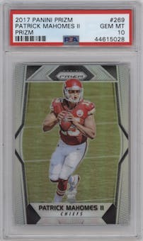 Patrick Mahomes II from the 2017 Panini Prizm set featuring a Prizm parallel graded by PSA and given an overall grade of 10.