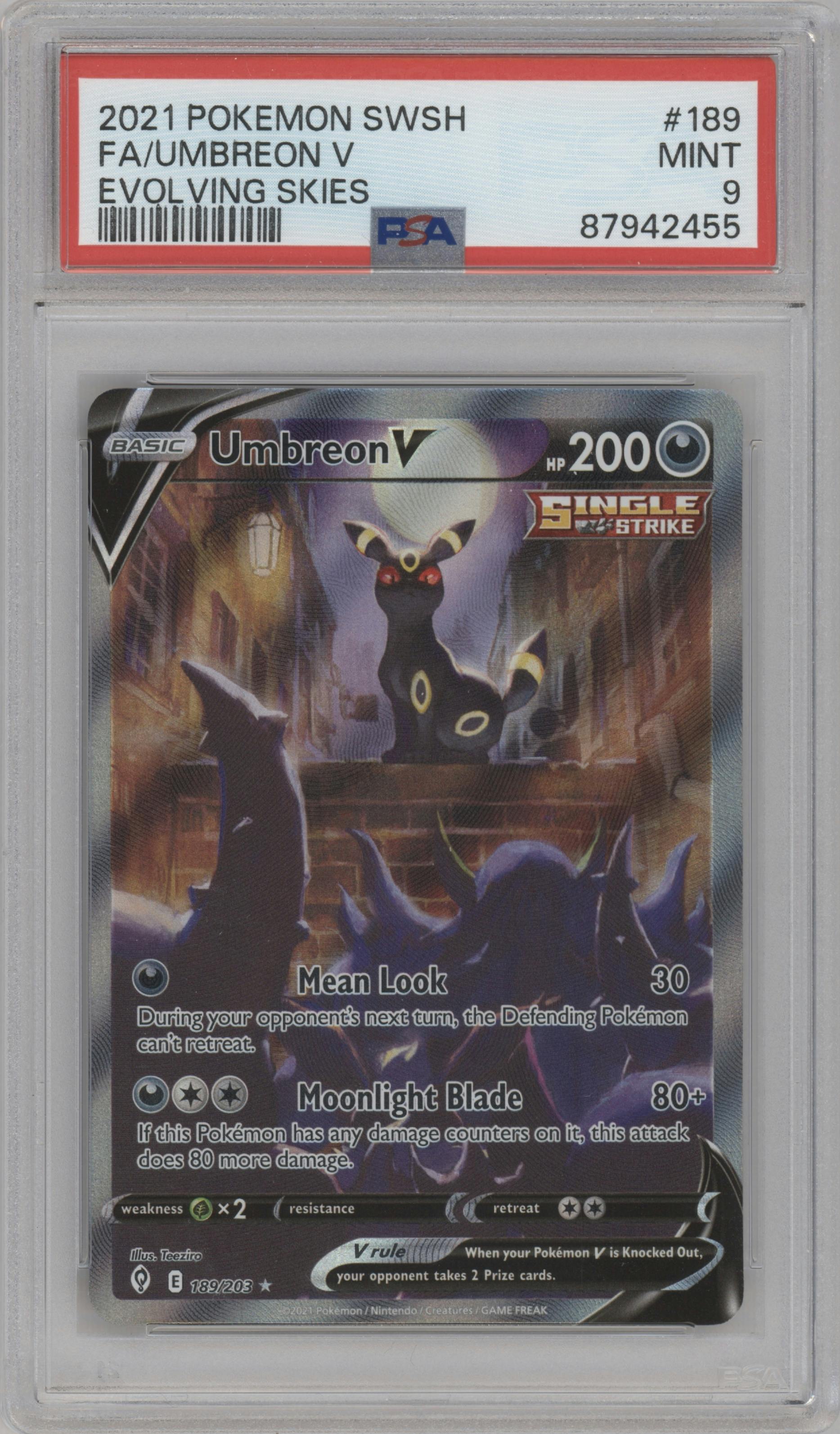 Umbreon V from the 2021 Pokemon SWSH set graded by PSA and given an overall grade of 9.